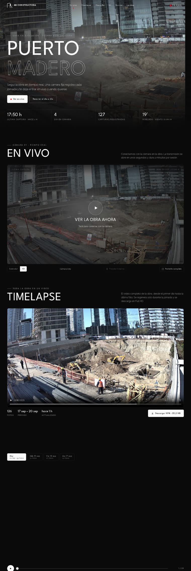 Web de emprendimiento con la obra en vivo, timelapse y fotos